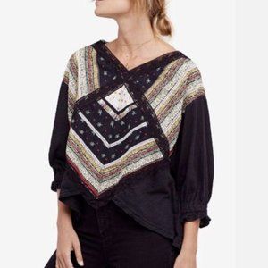 Free People Top Prairie Days 3/4 Sleeve Lace Floral Black Linen Size Medium